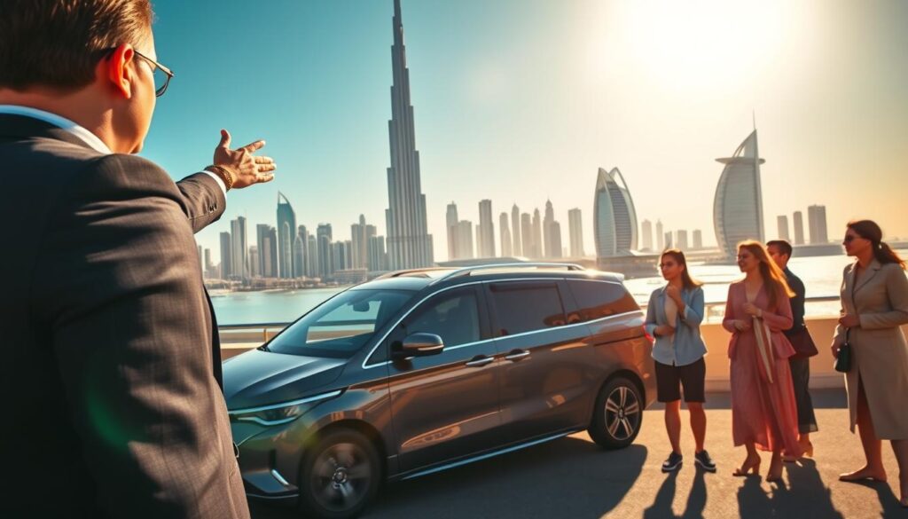 A luxurious and exclusive Dubai city tour experience. In the foreground, a professional tour guide, dressed in smart business attire, gestures towards a stunning view of the iconic Burj Khalifa, captivating a small group of tourists in modest casual clothing. The middle ground showcases a sleek, modern vehicle, customized for comfort, parked under the bright Arabian sun. In the background, a vibrant cityscape of Dubai's modern architecture, including the Burj Al Arab and the Palm Jumeirah, is visible against a clear blue sky. The scene is bathed in warm, golden sunlight, creating an inviting and upscale atmosphere. The angle is slightly elevated, giving a panoramic view of the magnificent city. The mood conveys exclusivity and luxury, ideal for those seeking a personalized experience in Dubai. A luxurious and exclusive Dubai city tour experience. In the foreground, a professional tour guide, dressed in smart business attire, gestures towards a stunning view of the iconic Burj Khalifa, captivating a small group of tourists in modest casual clothing. The middle ground showcases a sleek, modern vehicle, customized for comfort, parked under the bright Arabian sun. In the background, a vibrant cityscape of Dubai's modern architecture, including the Burj Al Arab and the Palm Jumeirah, is visible against a clear blue sky. The scene is bathed in warm, golden sunlight, creating an inviting and upscale atmosphere. The angle is slightly elevated, giving a panoramic view of the magnificent city. The mood conveys exclusivity and luxury, ideal for those seeking a personalized experience in Dubai.