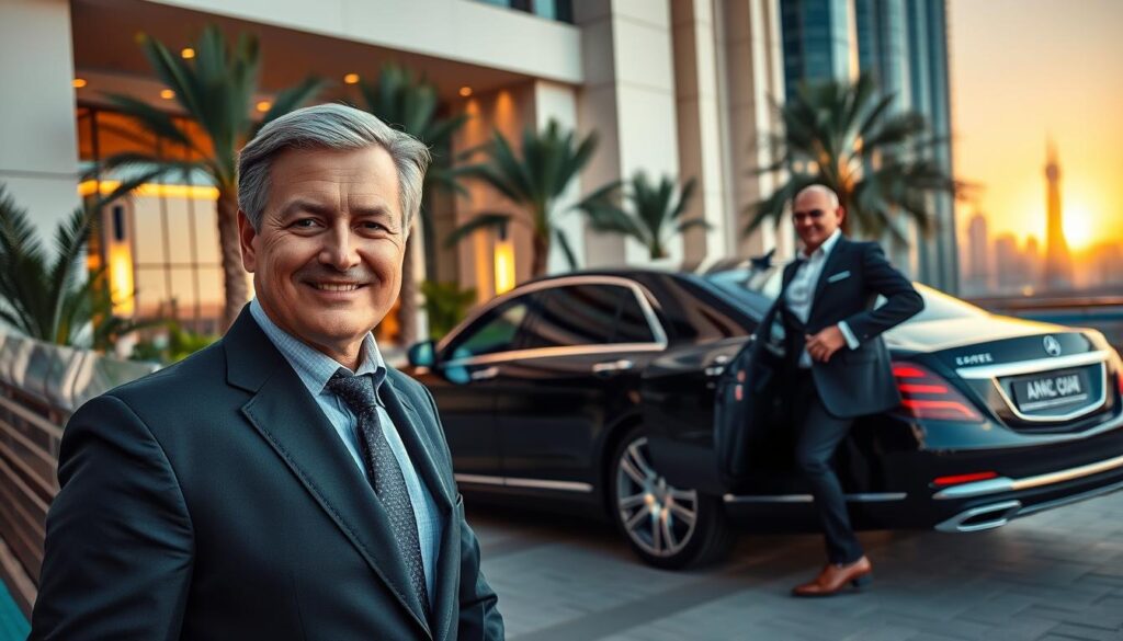 A luxurious black sedan parked in a high-end hotel driveway, with an attentive chauffeur in a crisp, tailored suit opening the rear door. The foreground features the chauffeur, a middle-aged man with a warm smile, and sophisticated attire, embodying professionalism and elegance. In the middle background, the sleek, polished car gleams under soft, ambient lighting, showcasing its reflective paintwork and luxury features. Tropical plants line the entrance of the hotel, adding a touch of greenery to the setting. The background reveals the city's skyline of Dubai, with iconic skyscrapers under a golden sunset sky, casting a warm glow that accentuates the luxury atmosphere. The overall mood conveys trust, safety, and high-class service, perfect for highlighting luxury car chauffeur services.