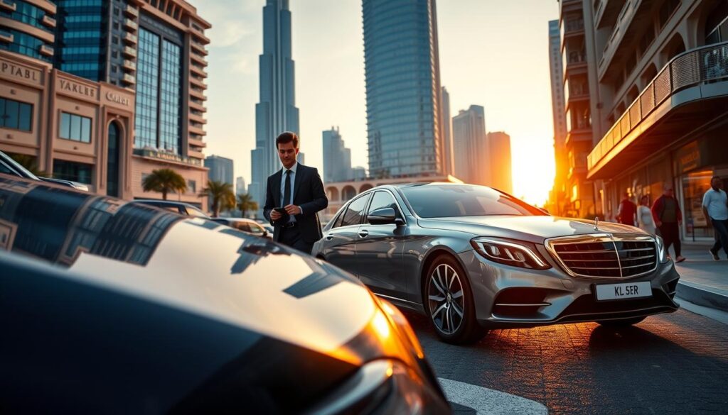 A luxurious car parked on a vibrant city street in Dubai, with a professional driver in smart business attire waiting beside it. In the foreground, showcase the sleek contours of the vehicle, highlighting its modern design. The middle ground features a bustling urban scene, with iconic Dubai architecture, such as the Burj Khalifa or traditional spice markets, creating a captivating backdrop. The sun sets behind the skyline, casting a warm golden glow over the scene, enhancing the sense of convenience and high-end service. Use a wide-angle lens effect to encompass both the car and the cityscape, creating a dynamic perspective. The mood should convey sophistication and ease, inviting viewers to imagine the comfort of hourly driver services in Dubai.