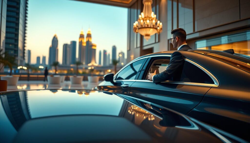 A luxurious car with a driver in professional attire waiting outside a high-end hotel entrance, conveying the concept of private hotel transfers. The foreground features the sleek, modern vehicle, showcasing its polished surface under soft, ambient lighting. In the middle, the hotel lobby is elegantly designed with marble floors and grand chandeliers, suggesting a seamless arrival experience. The background displays Dubai's iconic skyline at dusk, with warm golden lights shining from the buildings, enhancing the atmosphere of sophistication. The image captures a serene, inviting mood, emphasizing ease and comfort in travel. The composition is shot from a slightly elevated angle, providing a clear view of the car, driver, and hotel's grandeur, while maintaining a professional and clean aesthetic.