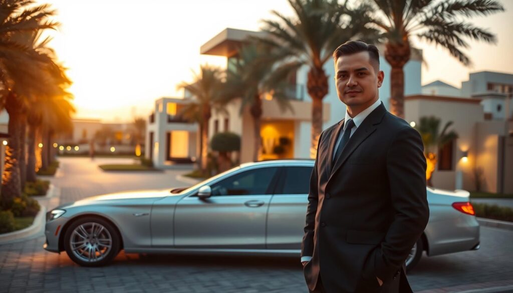 A luxurious chauffeur service setting in Dubai Hills Estate, showcasing an elegant sedan parked in a driveway lined with palm trees and modern villas. In the foreground, a professionally dressed chauffeur stands beside the car, exuding a sense of professionalism and safety, wearing a crisp uniform. The middle ground features a pristine villa with sleek architecture, surrounded by manicured landscaping and ambient lighting that suggests a warm sunset glow. In the background, the hazy outline of the Dubai skyline can be seen under a vibrant sky, creating a refined atmosphere. The scene is bathed in soft, warm lighting to evoke a feeling of comfort and security, captured with a high-quality lens focused on the chauffeur in the foreground, creating depth and a vivid portrayal of reliable driver services in a luxurious location.