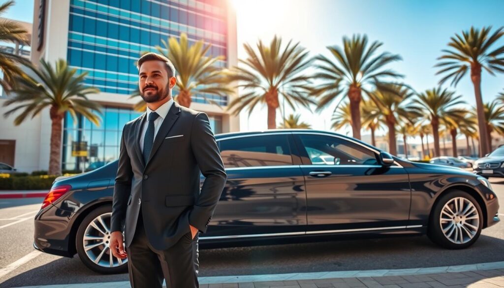 A luxurious executive transportation scene set in the vibrant streets of the UAE. In the foreground, a well-dressed professional driver in a tailored suit stands beside a sleek black luxury sedan, waiting at a designated drop-off area. The middle ground showcases a high-end corporate building with modern architecture, gleaming glass façades reflecting the bright sun. Palm trees and a clear blue sky frame the scene, suggesting an upscale environment. The lighting is bright and inviting, highlighting the polished surfaces of the car and the driver's professionalism. The image captures a sense of reliability, elegance, and sophistication, representing the premium service offered to executives in the UAE.