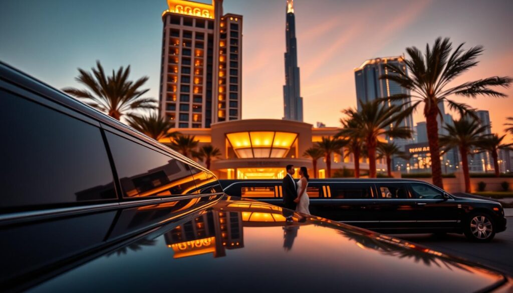 A luxurious, high-end limousine parked elegantly in front of an opulent Dubai hotel during sunset. In the foreground, the polished black exterior of the limousine glistens, reflecting the vibrant hues of the sunset. The middle scene features an enticing view of a lavish hotel entrance adorned with palm trees and soft golden lighting, setting an inviting atmosphere. In the background, the iconic skyline of Dubai towers under a dusky sky, with twinkling lights beginning to activate. The mood is celebratory and sophisticated, with soft bokeh effects enhancing the glamour. A couple in formal evening attire stands by the limousine, radiating joy and excitement, perfectly suited for a wedding after party pickup. The perspective is dynamic, capturing the luxurious essence of transportation in a romantic setting.