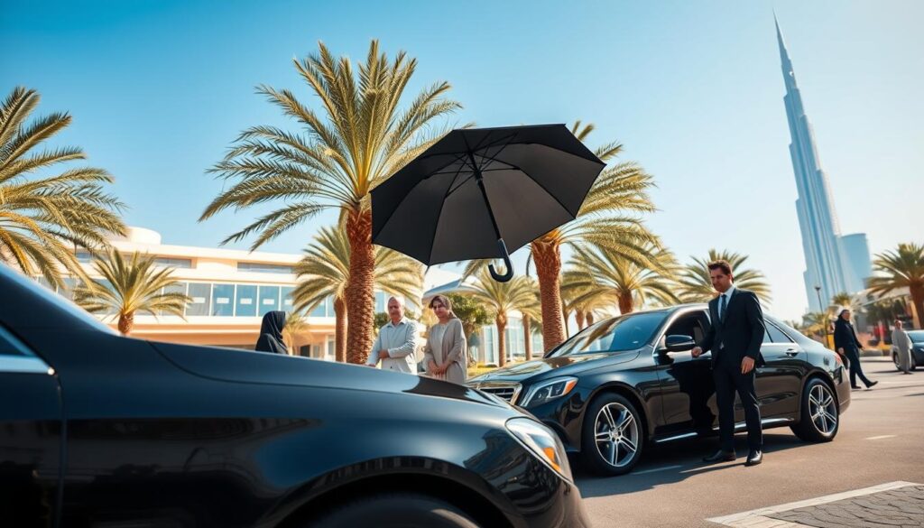A luxurious hotel chauffeur service scene set in Dubai. In the foreground, a polished black luxury sedan is parked, with a professional chauffeur in a crisp black suit and tie standing beside it, holding an umbrella. In the middle ground, the stunning architecture of a high-end hotel glimmers in the sunlight, showcasing modern design with glass facades. Towering palm trees frame the scene, while wealthy guests, dressed in fashionable yet modest attire, are seen being assisted by the chauffeur. The background features a clear blue sky, with the iconic Burj Khalifa faintly visible in the distance. The lighting is bright and vibrant, emphasizing a sense of elegance and comfort. The mood conveys luxury, professionalism, and the ultimate hospitality experience.