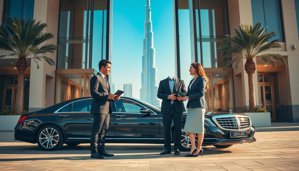 A luxurious hotel transportation service scene in Dubai featuring a sleek black sedan parked outside a stunning modern hotel entrance. In the foreground, a well-dressed chauffeur in a crisp black suit and tie holding a tablet greets a couple wearing business attire, ready to assist them. The middle layer showcases the hotel's grand architecture with elegant glass doors and palm trees, symbolizing opulence and hospitality. The background reveals a clear blue sky and the Burj Khalifa towering in the distance, emphasizing Dubai's iconic skyline. Soft, warm sunlight bathes the scene, creating an inviting atmosphere that reflects professionalism and reliability in hotel transportation. Wide-angle lens effect to capture the grandeur of the setting.