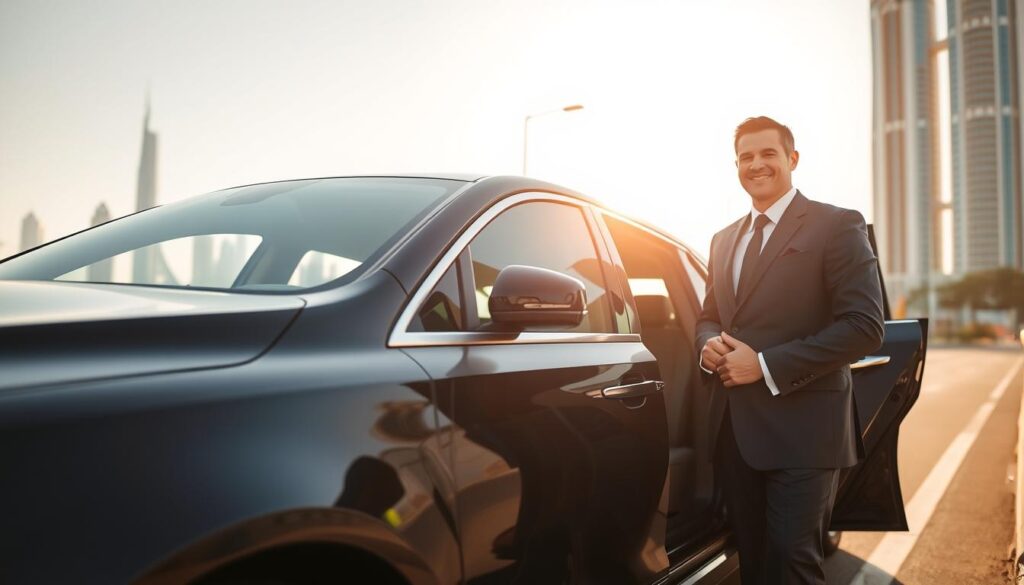 A luxurious, polished black sedan is parked on a sunlit street in Dubai, with the iconic skyline visible in the background. In the foreground, a professional-looking chauffeur in a well-fitted navy suit stands beside the car, exuding confidence and reliability. The chauffeur holds the car door open with a courteous smile, inviting a sophisticated passenger. The lighting is warm and golden, capturing the essence of a bright Dubai day. The lens captures the scene from a slightly low angle, emphasizing the grandeur of both the vehicle and the cityscape. The atmosphere conveys a sense of elegance and safety, highlighting the importance of a trusted chauffeur for luxury car services.