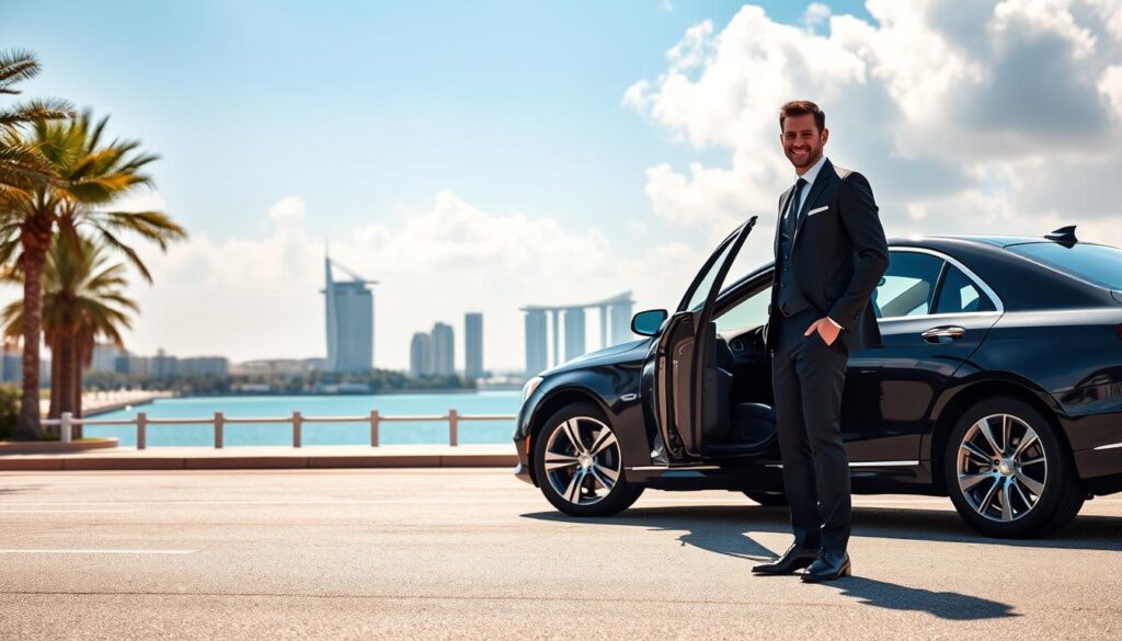 A luxurious, professional driver service scene set in Palm Jumeirah, showcasing a high-end sedan parked elegantly on a sunlit avenue. In the foreground, a professionally dressed driver in a dark suit stands beside the car, holding a door open with a warm, welcoming smile. In the middle ground, a stunning view of the iconic Palm Jumeirah skyline stretches across the horizon, featuring modern, luxurious buildings and palm trees lining the waterfront. The background displays a clear blue sky with soft, fluffy clouds, enhancing the vibrant atmosphere. The lighting is bright and inviting, capturing the essence of a perfect day in this upscale locale. The overall mood is sophisticated and safe, reflecting the premium quality of safe driver services in the area.