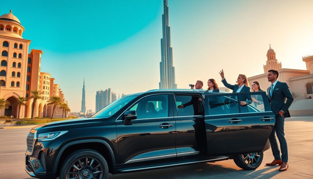 A luxurious scene depicting a group of diverse tourists in professional business attire enjoying a private city tour in Dubai. In the foreground, a pristine, sleek black luxury SUV waits, with the Burj Khalifa towering in the background, glimmering under the warm, golden sunlight. The middle layer showcases the tourists stepping out of the vehicle, inspired expressions as they point at iconic landmarks. Enhance the atmosphere with vibrant colors—deep blues of the sky contrasting with the sandy beige tones of the architecture. Use a wide-angle lens to capture the expansive cityscape, infused with a sense of opulence and adventure. The overall mood is one of excitement and elegance, inviting viewers to indulge in an unforgettable experience.