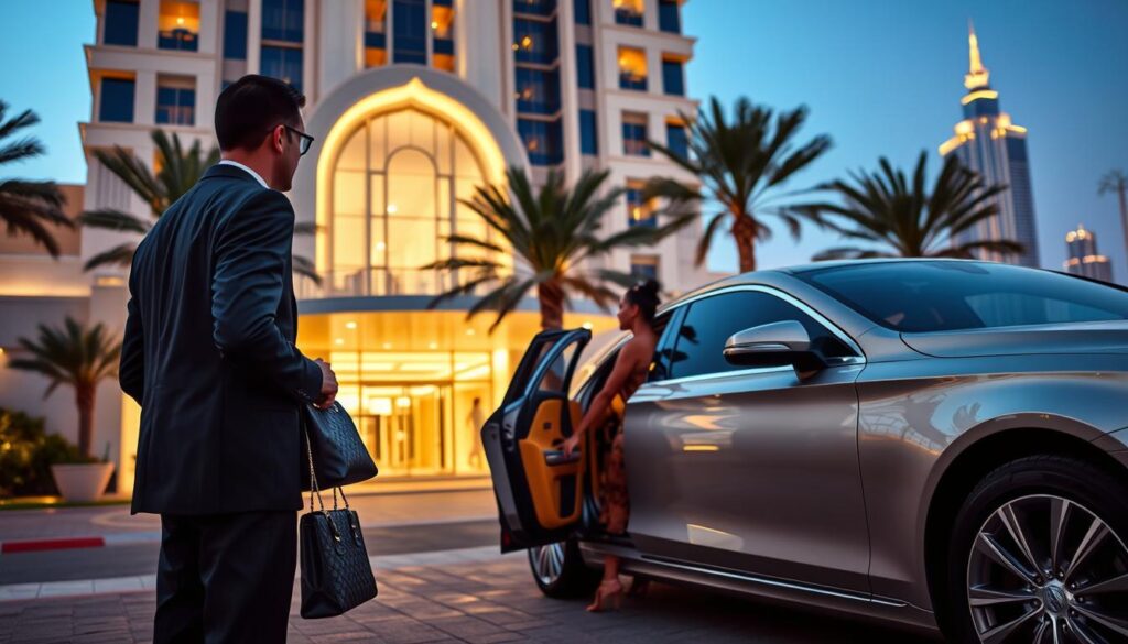 A luxurious scene depicting comfort in travel, featuring a sleek, modern chauffeur-driven car parked outside an opulent Dubai hotel. In the foreground, a professional driver in a crisp suit is opening the door for a well-dressed traveler holding a designer handbag, conveying a sense of personalized service. The middle ground includes the elegant hotel entrance adorned with beautiful palm trees and contemporary architecture, illuminated by warm evening light. In the background, the iconic Dubai skyline glows under a twilight sky, adding to the ambiance. The composition captures a serene, inviting atmosphere, emphasizing the importance of comfort and luxury in travel, with a focus on warm lighting and smooth lines to evoke a feeling of ease and sophistication.