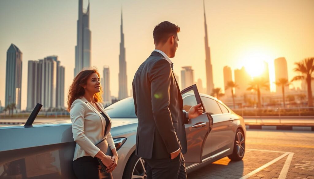 A luxurious scene illustrating the benefits of hiring a private driver in Dubai. In the foreground, a well-dressed professional couple, in smart casual attire, is being greeted by a friendly private driver near a sleek, high-end vehicle. In the middle ground, the driver opens the car door for them against the stunning backdrop of Dubai's skyline, featuring iconic skyscrapers like the Burj Khalifa. The bright, golden sunset casts warm light on the scene, creating a welcoming atmosphere. In the background, the bustling city life reflects luxury and convenience, with gleaming buildings and palm trees. The image captures the essence of comfort, safety, and first-class service synonymous with private driving in Dubai, evoking a sense of adventure and ease for travelers.