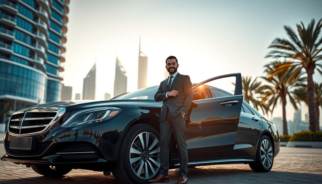 A luxurious, sleek black sedan parked in front of a modern, high-end high-rise building in Dubai, symbolizing reliability and convenience in transportation. In the foreground, a confident, well-dressed male driver stands beside the car, attentively holding the door open with a welcoming smile. The middle ground shows the stylish architecture of the Dubai skyline under a bright blue sky, with the sun casting soft, warm lighting, accentuating the polished surfaces of the car. In the background, palm trees sway gently, adding a touch of exotic elegance to the scene. The overall atmosphere is professional and inviting, conveying the essence of dependable daily service tailored for discerning clients. A luxurious, sleek black sedan parked in front of a modern, high-end high-rise building in Dubai, symbolizing reliability and convenience in transportation. In the foreground, a confident, well-dressed male driver stands beside the car, attentively holding the door open with a welcoming smile. The middle ground shows the stylish architecture of the Dubai skyline under a bright blue sky, with the sun casting soft, warm lighting, accentuating the polished surfaces of the car. In the background, palm trees sway gently, adding a touch of exotic elegance to the scene. The overall atmosphere is professional and inviting, conveying the essence of dependable daily service tailored for discerning clients.