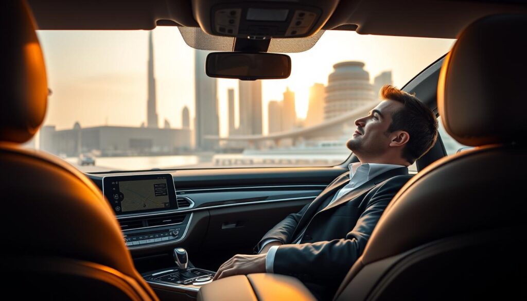 A luxurious, spacious car interior showcasing comfort during travel, with plush leather seats and soft lighting creating a warm ambiance. In the foreground, a neatly organized dashboard with high-end controls and a touch screen displaying a navigation app. The middle ground reveals a relaxed traveler, a person in professional business attire, leaning back with a serene expression while enjoying the scenic Dubai skyline through the large windows. In the background, iconic Dubai landmarks like the Burj Khalifa and contemporary architecture are softly blurred, enhancing the sense of journey. The image is bathed in soft, golden hour lighting, evoking a peaceful, inviting atmosphere that emphasizes the importance of comfort while exploring new destinations.