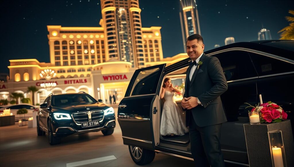 A luxurious wedding after-party scene in Dubai, showcasing a stylish vehicle, like a sleek SUV or limousine, parked elegantly in front of an opulent hotel with twinkling lights. In the foreground, a well-dressed chauffeur in formal attire stands ready to assist guests, holding the door open with a welcoming smile. The middle ground features a couple dressed in glamorous evening wear, surrounded by elegantly adorned tables with vibrant floral arrangements and soft candlelight, enhancing the romantic atmosphere. The background captures the grandeur of Dubai's skyline illuminated at night, with delicate twinkling stars above. Soft, warm lighting creates an inviting mood, emphasizing the excitement and joy of a special night. The overall composition suggests an upscale, sophisticated celebration.
