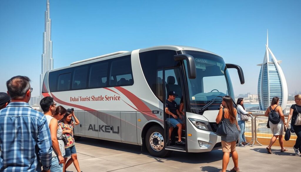A modern Dubai Tourist Shuttle Service bus parked at a scenic viewpoint, surrounded by tourists exploring the area. In the foreground, display a diverse group of travelers, including a family and friends, dressed in casual attire suitable for sightseeing, taking photos and enjoying the view. The middle ground features the sleek, well-designed shuttle bus, showcasing its contemporary exterior and comfortable seating. In the background, highlight iconic Dubai landmarks like the Burj Khalifa and Burj Al Arab, under a clear blue sky. The lighting is bright and sunny, giving the scene a vibrant and inviting atmosphere, captured from a slight low angle to emphasize the bus and landmarks. A modern Dubai Tourist Shuttle Service bus parked at a scenic viewpoint, surrounded by tourists exploring the area. In the foreground, display a diverse group of travelers, including a family and friends, dressed in casual attire suitable for sightseeing, taking photos and enjoying the view. The middle ground features the sleek, well-designed shuttle bus, showcasing its contemporary exterior and comfortable seating. In the background, highlight iconic Dubai landmarks like the Burj Khalifa and Burj Al Arab, under a clear blue sky. The lighting is bright and sunny, giving the scene a vibrant and inviting atmosphere, captured from a slight low angle to emphasize the bus and landmarks.