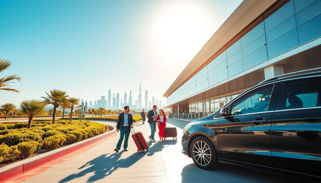 A modern airport drop-off area in Dubai featuring sleek architecture and well-maintained landscaping. In the foreground, a luxury vehicle with a professional driver in business attire is waiting by the curb, ready to assist passengers. The middle ground showcases travelers with luggage, appearing relaxed and confident, reflecting a sense of safety and efficiency. In the background, the iconic Dubai skyline is visible under a clear blue sky, bathed in warm, natural sunlight. The lighting is bright and inviting, creating a welcoming atmosphere. The scene captures the essence of seamless travel, with an emphasis on professionalism and comfort in a bustling airport environment. A modern airport drop-off area in Dubai featuring sleek architecture and well-maintained landscaping. In the foreground, a luxury vehicle with a professional driver in business attire is waiting by the curb, ready to assist passengers. The middle ground showcases travelers with luggage, appearing relaxed and confident, reflecting a sense of safety and efficiency. In the background, the iconic Dubai skyline is visible under a clear blue sky, bathed in warm, natural sunlight. The lighting is bright and inviting, creating a welcoming atmosphere. The scene captures the essence of seamless travel, with an emphasis on professionalism and comfort in a bustling airport environment.