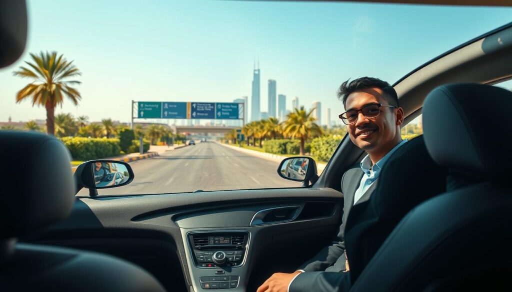 A modern and professional scene depicting safe driving services in The Meadows, Dubai. In the foreground, a confident driver, dressed in a smart business outfit, sits in a sleek, clean car, emphasizing professionalism. The middle ground features a well-maintained road with clear signage promoting safety and trust, along with a scenic view of Dubai’s skyline, showcasing distinctive architecture. In the background, palm trees and vibrant greenery suggest a sunny, warm day, giving a sense of peace and reliability. Soft natural lighting illuminates the scene, creating a welcoming atmosphere. Capture the image from a slight upward angle to convey a sense of aspiration and trust in the driving service. The overall mood is reassuring, highlighting safety and professionalism in transportation.