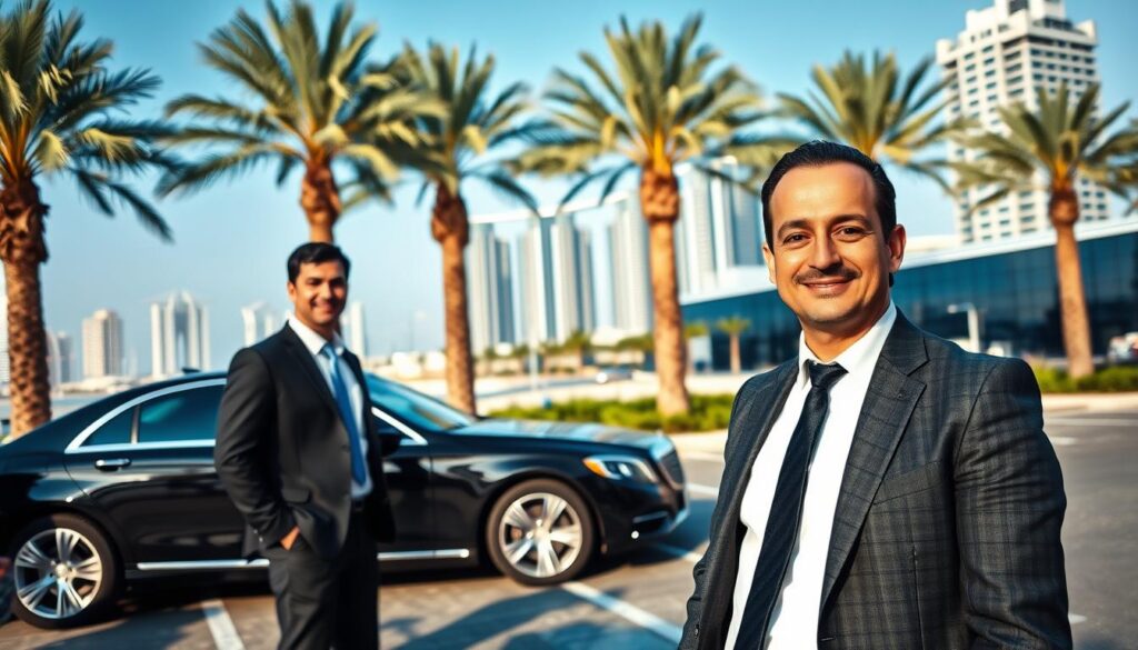A modern and reassuring scene depicting a safe transportation service in Dubai Marina. In the foreground, a professional driver in a smart business suit stands beside a sleek, black luxury sedan, exuding confidence and trust. The middle ground shows a well-maintained parking area with palm trees and modern buildings reflecting Dubai's skyline in the background, under a clear blue sky. Soft natural lighting enhances the image, casting gentle shadows that create a serene atmosphere. The angle captures the driver smiling, ready to assist passengers, conveying a sense of security and professionalism. The overall mood is calm and inviting, emphasizing the importance of safe driving services in this vibrant urban environment.