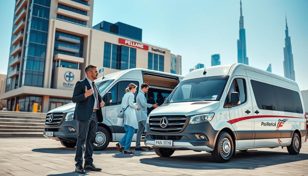 A modern healthcare transportation service in Dubai, featuring a sleek, well-branded vehicle parked outside a high-rise hospital. In the foreground, a professional driver in business attire stands beside the vehicle, ready to assist a passenger. The middle ground shows a couple of medical staff in scrubs engaging with a patient being escorted to the transport. In the background, the iconic Dubai skyline with its unique architecture and a clear blue sky creates a sense of location. The scene is illuminated by bright, natural sunlight, casting soft shadows that enhance the professional atmosphere. The mood should feel secure, trustworthy, and efficient, reflecting the commitment to reliable medical transportation services.