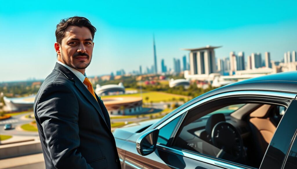 A modern, professional driver in a sleek uniform stands beside a luxurious car in the foreground, emphasizing the theme of safe transportation. In the middle ground, show a scenic view of Dubai Sports City, featuring iconic sports arenas and lush greenery under a bright blue sky. The background should capture the vibrant atmosphere of the city with distant skyscrapers, showcasing a blend of innovation and elegance. Use warm, inviting natural lighting to create a welcoming mood. The image should be shot at eye level to enhance connection, focusing on the dependable service aspect of transportation. Ensure the overall composition is clear, and professional, reflecting reliability without any distractions or text elements.