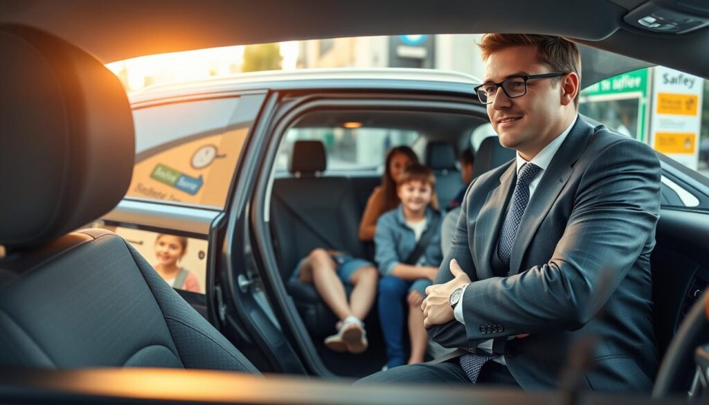 A modern, safe transportation scene showcasing a professional driver in a clean, comfortable car parked at a bustling urban location. In the foreground, the driver, dressed in smart business attire, is attentively assisting a family with children as they enter the vehicle. The middle ground features a well-designed vehicle with safety features like seat belts visible, while safety signs and awareness posters can be seen in the background. Soft, natural lighting casts a warm glow, highlighting the trustworthiness and professionalism of the service. The angle captures the interaction between the driver and the passengers from a slightly elevated perspective, creating a welcoming and secure atmosphere. The overall mood reflects reliability and peace of mind associated with safe driver services.