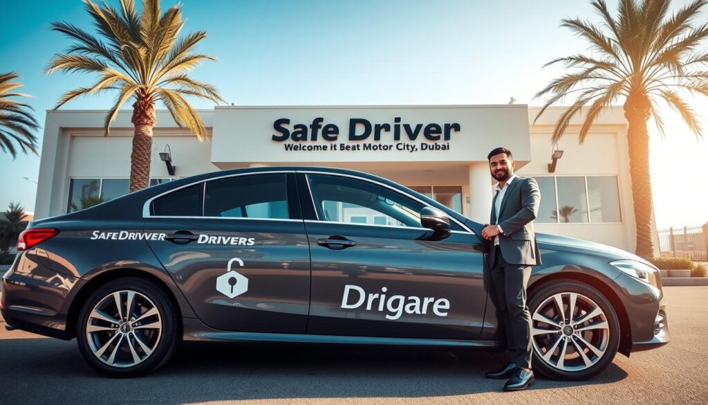 A modern, sleek car parked in front of a stylish transportation office in Motor City, Dubai, showcasing the "Safe Driver Motor City Dubai" logo on its side. In the foreground, a professional driver in business attire stands beside the car, exuding confidence and reliability. The middle ground features a clear, sunlit view of the well-maintained transportation office, with large glass windows and a welcoming entrance. Palm trees and a blue sky fill the background, typical of Dubai's urban landscape. Soft, warm lighting enhances the inviting atmosphere, and the image is taken from a slightly elevated angle to capture the entire scene, conveying a sense of professionalism and trust. The overall mood is bright, positive, and reassuring, representing dependable driving services.