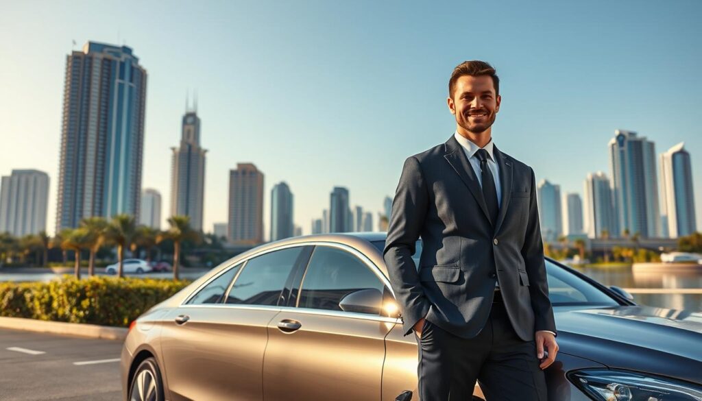 A modern urban scene depicting a professional safe driver service in Jumeirah Lake Towers. In the foreground, a friendly, well-dressed driver in a crisp uniform stands beside a sleek, polished luxury sedan, ready to assist a passenger. In the middle ground, the vibrant high-rise buildings of JLT tower against a clear blue sky, with some greenery and palm trees enhancing the atmosphere. The background features the iconic Jumeirah Lake Towers skyline, showcasing reflections on the tranquil lake waters. Soft morning sunlight bathes the scene, creating a warm, inviting ambiance that conveys trust and reliability in driving services. The image captures the essence of safety and professionalism in transportation services, emphasizing the importance of safe driver services in an upscale environment.