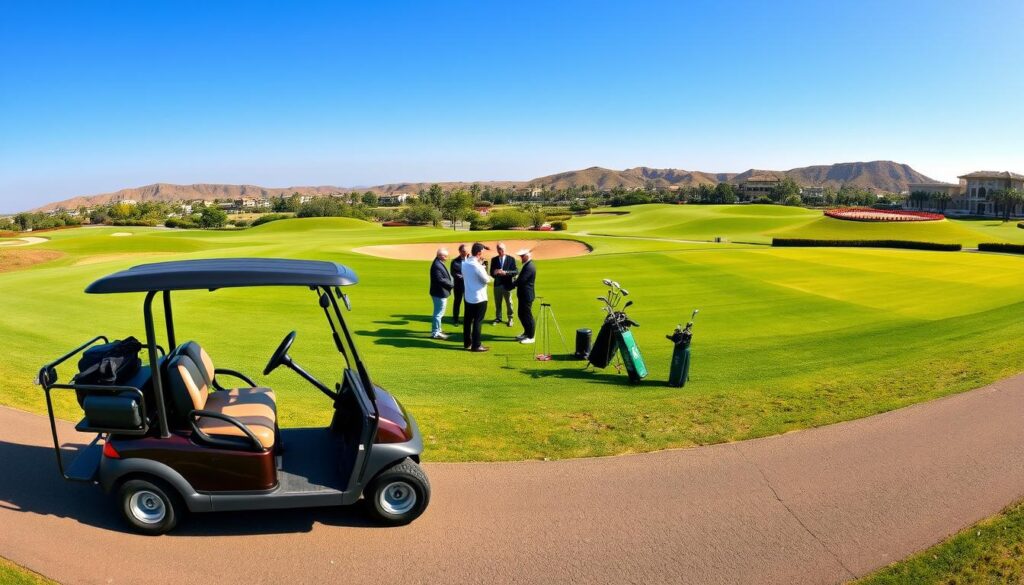 A panoramic view of the Jumeirah Golf Estates, showcasing a beautifully manicured golf course under a clear blue sky. In the foreground, a sleek, modern golf cart parked on the path, symbolizing safe driving practices. Middle ground features a group of diverse individuals in professional business attire discussing safety measures, with golf clubs and equipment neatly arranged around them. The background includes picturesque hills and well-maintained greenery that enhance the serene atmosphere of the estate. Soft, natural lighting casts gentle shadows, creating a welcoming mood. Use a wide-angle lens to capture the expansive quality of the landscape, emphasizing both the elegance of the venue and the importance of safety in driving.