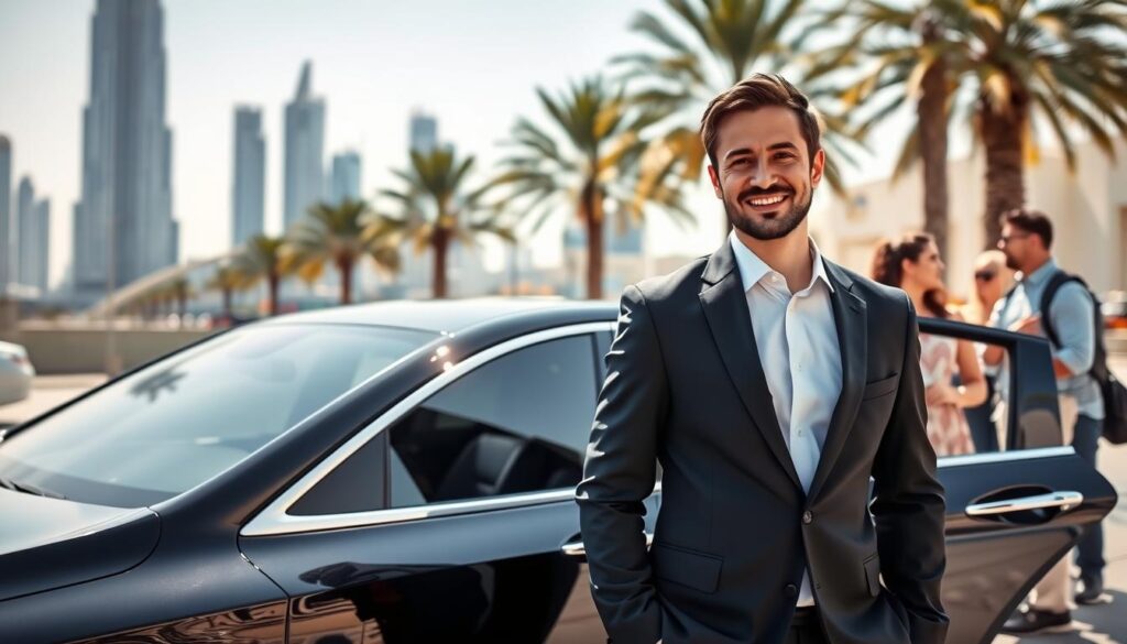 A personal driver for tourists in a modern urban setting in the UAE, showcasing a professional male driver in a crisp, tailored suit, standing beside a luxurious black sedan. The foreground features the driver smiling and holding the car door open, ready to assist a diverse group of tourist passengers dressed in smart casual attire. In the middle, the sleek sedan gleams under bright midday sun, highlighting its polished exterior. The background includes iconic UAE landmarks like the Burj Khalifa and palm trees, suggesting a vibrant atmosphere. The image is captured with a shallow depth of field, creating a warm, inviting mood, conveying reliability and professionalism in a bustling cityscape. Natural lighting enhances the scene's clarity and appeal, perfect for an article on personal drivers for tourists.