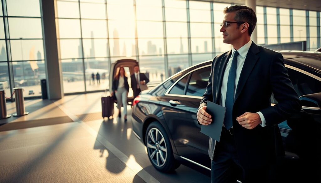 A professional and dependable airport transfer scene set in Dubai. In the foreground, a sleek, black luxury sedan is parked at the terminal, with a well-dressed chauffeur holding a sign, dressed in a sharp suit and tie. In the middle ground, travelers with luggage are disembarking, looking relieved and happy. The background features the modern architecture of Dubai International Airport, complete with towering glass panels and the iconic skyline visible through large windows. The setting is brightly lit with warm, welcoming sunlight streaming in, casting soft shadows. The mood is calm and efficient, conveying a sense of comfort and reliability associated with premium airport transfer services. The angle captures the movement of the scene, emphasizing professionalism and traveler ease.