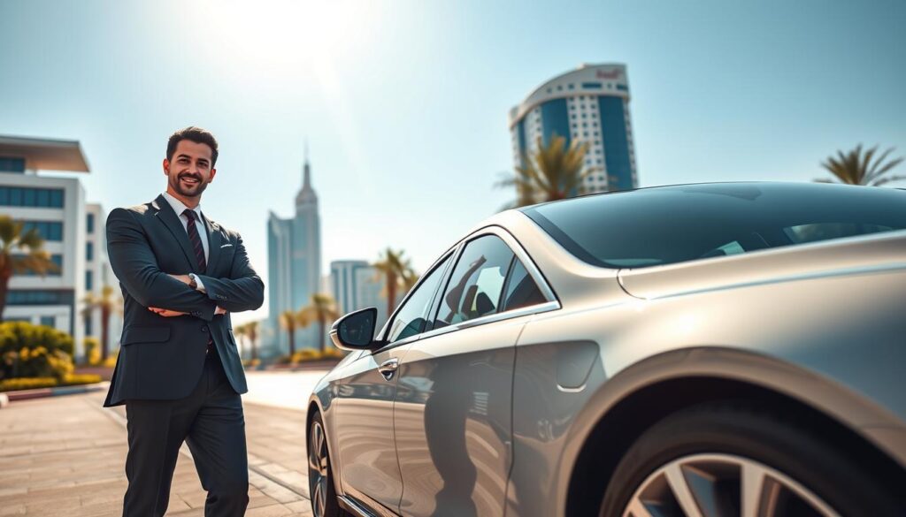 A professional and inviting scene showcasing "Safe Driver Jebel Ali." In the foreground, a confident, smiling driver in smart business attire stands next to a sleek, well-maintained luxury car, symbolizing trust and reliability. In the middle, a clean urban environment of Jebel Ali with recognizable landmarks, like modern buildings and palm trees, emphasizes the location. The background features a bright blue sky and warm sunlight filtering through, creating an upbeat and friendly atmosphere. The composition is shot from a low angle, enhancing the stature of the driver and vehicle, while ensuring crisp details on both the car and the surroundings. The overall mood conveys safety, professionalism, and a sense of community, perfect for highlighting the services of Safe Driver Jebel Ali.
