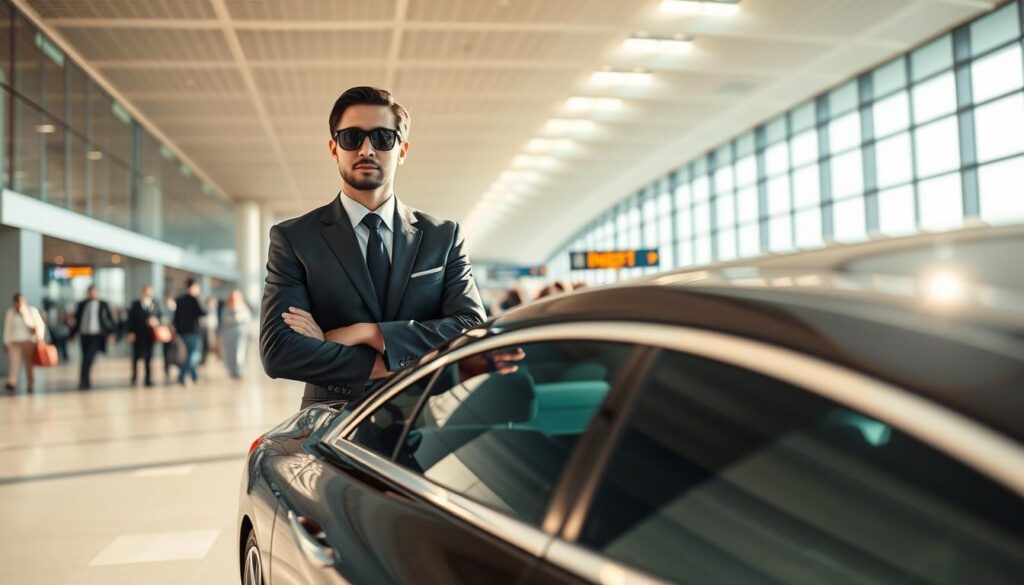 A professional chauffeur in a sleek, black suit stands confidently beside a luxury sedan at Dubai Airport. The chauffeur, a Middle-Eastern man in his 30s, wears dark sunglasses and holds a sign with a passenger's name, exhibiting a welcoming and professional demeanor. In the foreground, the polished car gleams under soft, warm sunlight, showcasing its elegant design. The middle ground features the modern architecture of the airport terminal, bustling with travelers in the background, evoking a sense of movement and adventure. The atmosphere is vibrant yet orderly, emphasizing reliability and professionalism. Capture the scene using a wide-angle lens for a dynamic perspective, with bright, natural lighting that reflects a safe and high-quality service experience. A professional chauffeur in a sleek, black suit stands confidently beside a luxury sedan at Dubai Airport. The chauffeur, a Middle-Eastern man in his 30s, wears dark sunglasses and holds a sign with a passenger's name, exhibiting a welcoming and professional demeanor. In the foreground, the polished car gleams under soft, warm sunlight, showcasing its elegant design. The middle ground features the modern architecture of the airport terminal, bustling with travelers in the background, evoking a sense of movement and adventure. The atmosphere is vibrant yet orderly, emphasizing reliability and professionalism. Capture the scene using a wide-angle lens for a dynamic perspective, with bright, natural lighting that reflects a safe and high-quality service experience.