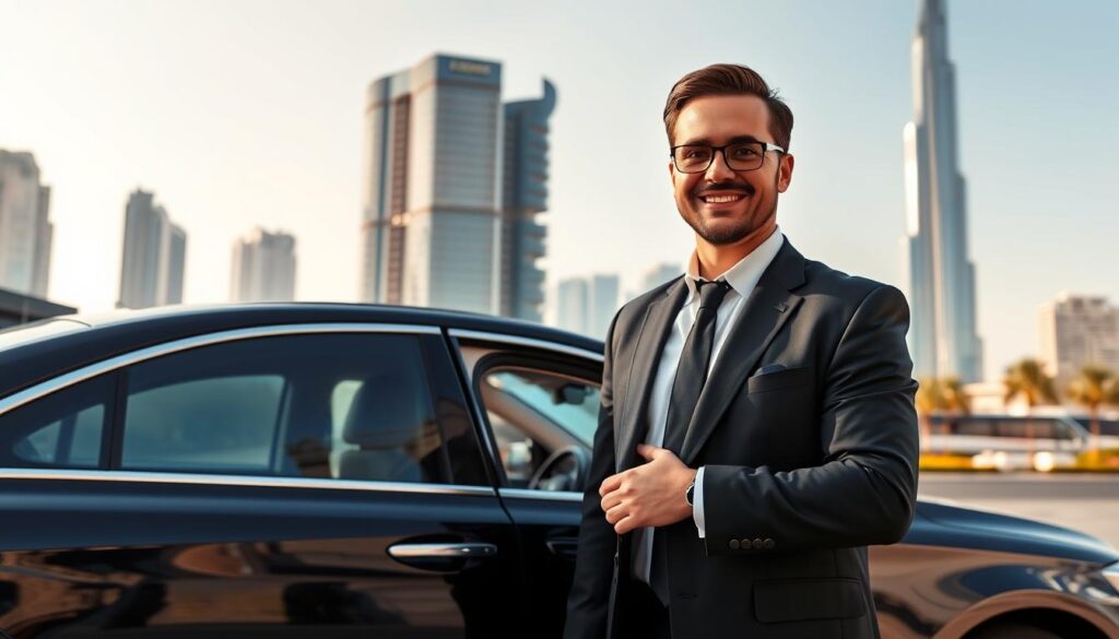 A professional chauffeur in a sleek black suit stands confidently next to a luxury sedan parked in front of a modern Dubai skyline, with skyscrapers gleaming under the bright sun. In the foreground, the chauffeur is holding the car door open, showcasing a warm, welcoming expression. In the middle ground, the polished vehicle reflects the vibrant colors of the city, and hints of palm trees and luxury hotels provide context to the location. In the background, the iconic Burj Khalifa towers majestically against a clear blue sky. Soft, natural lighting enhances the scene, creating an inviting and trustworthy atmosphere. The image conveys professionalism, reliability, and the essence of premium travel services.