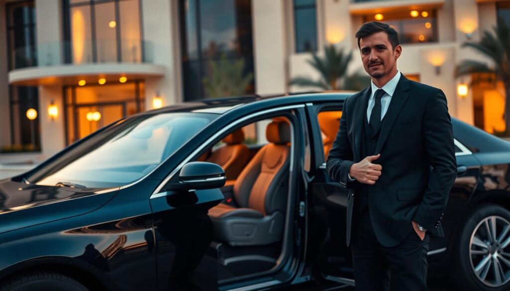 A professional chauffeur service scene featuring a sleek, luxurious black sedan parked in front of an upscale building at sunset. In the foreground, a well-dressed chauffeur, wearing a tailored black suit and a crisp white shirt, stands by the car with a welcoming posture. The middle ground showcases the open car door, revealing plush leather interior and soft ambient lighting inside. In the background, a stylish urban landscape of Jumeirah Village Circle with softly glowing lights, creating a warm yet sophisticated atmosphere. The image captures a sense of safety, elegance, and professionalism. Use natural lighting to enhance the golden hour glow, shot from a slightly low angle to emphasize the luxurious vehicle and the attentive chauffeur, conveying reliability and trust.