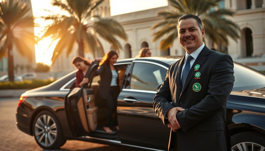 A professional chauffeur service scene set in Al Barsha, Dubai. In the foreground, a friendly driver in a smart suit stands beside a luxurious black sedan, showcasing eco-friendly attributes like hybrid badges. In the middle, a couple of well-dressed passengers are entering the car, exuding comfort and trust. In the background, iconic Dubai architecture gleams in the sunlight, with palm trees swaying gently, hinting at a warm, welcoming atmosphere. The scene is bathed in soft, golden hour lighting, accentuating the professionalism and reliability of the service. Use a slight wide-angle lens to capture the elegance of the setting, evoking a mood of safety, luxury, and dependability.