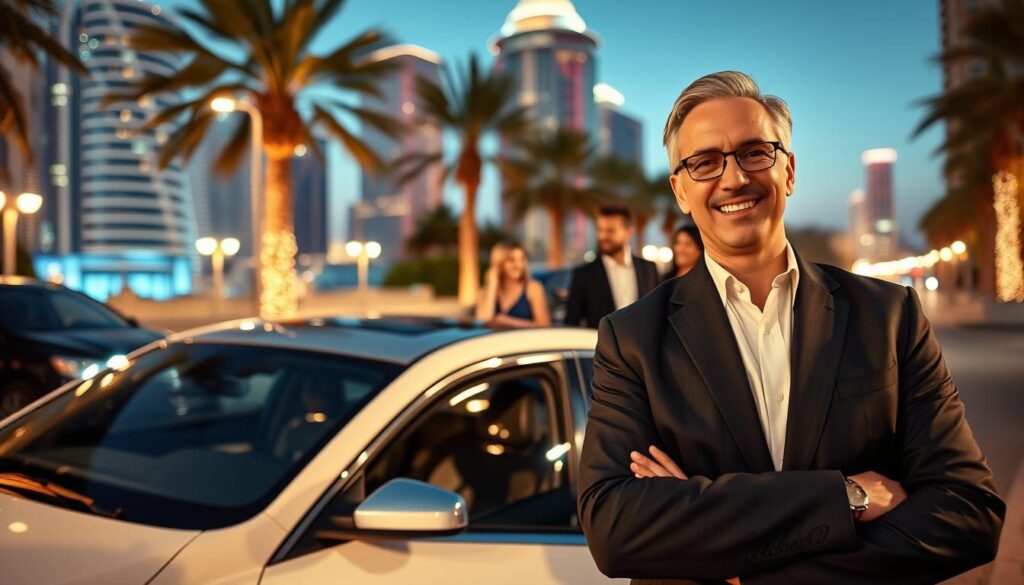 A professional designated driver standing confidently beside a luxury vehicle in an upscale urban environment. In the foreground, the driver, a middle-aged person in smart business attire, smiles reassuringly, symbolizing safety and reliability. In the middle ground, a group of well-dressed friends is seen laughing and enjoying themselves, showcasing the joy of a worry-free night out. The background features a vibrant Dubai skyline at twilight, with bright lights and palm trees, enhancing the festive atmosphere. Soft, warm lighting accentuates the scene, creating an inviting mood. The camera angle is slightly low, emphasizing the driver’s professionalism and the luxurious environment surrounding them, conveying the benefits of using a designated driver for a safe and enjoyable experience. A professional designated driver standing confidently beside a luxury vehicle in an upscale urban environment. In the foreground, the driver, a middle-aged person in smart business attire, smiles reassuringly, symbolizing safety and reliability. In the middle ground, a group of well-dressed friends is seen laughing and enjoying themselves, showcasing the joy of a worry-free night out. The background features a vibrant Dubai skyline at twilight, with bright lights and palm trees, enhancing the festive atmosphere. Soft, warm lighting accentuates the scene, creating an inviting mood. The camera angle is slightly low, emphasizing the driver’s professionalism and the luxurious environment surrounding them, conveying the benefits of using a designated driver for a safe and enjoyable experience.