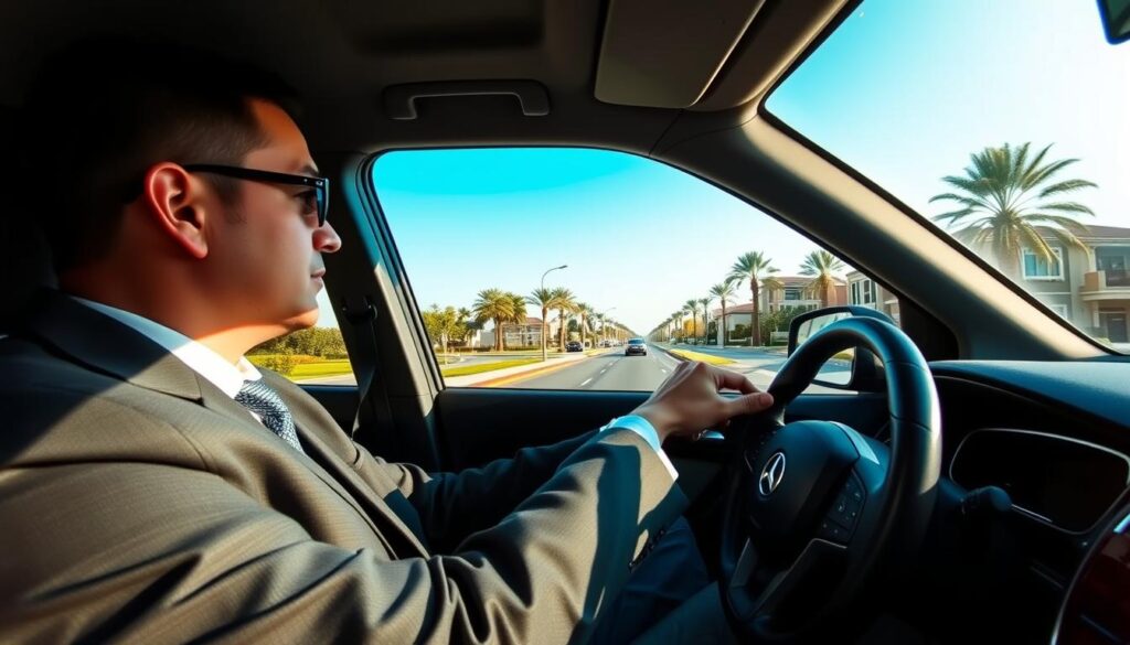 A professional driver focused on safety, seated behind the wheel of a modern vehicle, wearing a smart business suit. In the foreground, a pair of hands gripping the steering wheel firmly. In the middle ground, a well-maintained street in Jumeirah Village Circle, lined with palm trees and residential buildings, reflecting a serene suburban atmosphere. The background shows clear blue skies and soft sunlight illuminating the scene, creating a sense of calm and responsibility. The angle is slightly from the driver's side, enhancing the role of the driver in ensuring safety on the road. The overall mood is focused, professional, and conveys a commitment to safe driving practices.