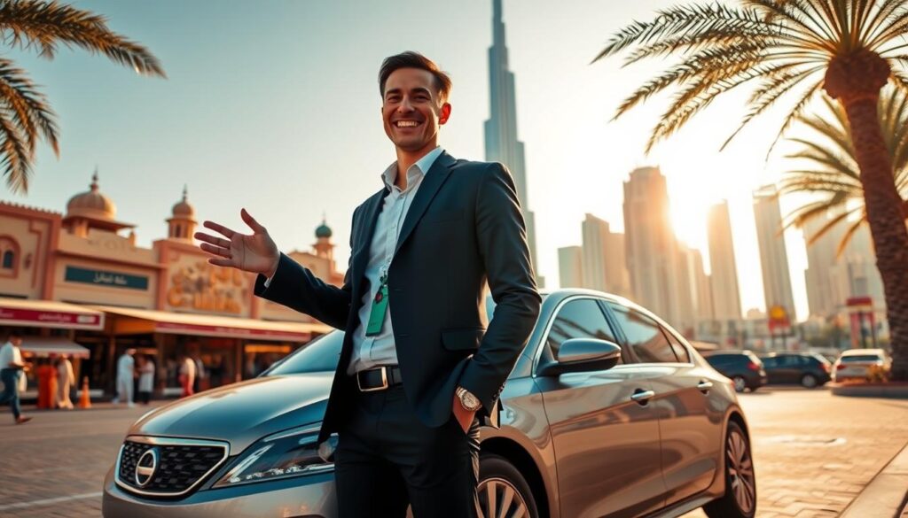 A professional driver guide standing next to a luxurious sedan in a vibrant Dubai setting. In the foreground, the guide is wearing smart casual attire, smiling and gesturing towards the iconic Burj Khalifa in the background. The middle ground features traditional souks and modern skyscrapers, emphasizing the contrast of old and new. The skyline is bathed in warm golden sunlight, creating a welcoming and vibrant atmosphere. Incorporate palm trees swaying gently in the breeze to add tropical flair. Use a wide-angle lens perspective to capture the expanse of the city, with a focus on the driver guide and the vehicle. The overall mood should be inviting and adventurous, highlighting the convenience and knowledge a driver guide brings to exploring Dubai. A professional driver guide standing next to a luxurious sedan in a vibrant Dubai setting. In the foreground, the guide is wearing smart casual attire, smiling and gesturing towards the iconic Burj Khalifa in the background. The middle ground features traditional souks and modern skyscrapers, emphasizing the contrast of old and new. The skyline is bathed in warm golden sunlight, creating a welcoming and vibrant atmosphere. Incorporate palm trees swaying gently in the breeze to add tropical flair. Use a wide-angle lens perspective to capture the expanse of the city, with a focus on the driver guide and the vehicle. The overall mood should be inviting and adventurous, highlighting the convenience and knowledge a driver guide brings to exploring Dubai.