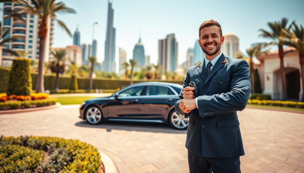 A professional driver in a crisp, navy blue uniform stands confidently beside a sleek, black luxury sedan parked in a beautifully landscaped driveway in Dubai. The foreground features warm natural lighting, highlighting the driver’s approachable smile as he holds a set of car keys, embodying trust and reliability. In the middle ground, the luxurious sedan gleams in the sunlight, showcasing its polished exterior and inviting interior. The background reveals iconic Dubai architecture, blending modern skyscrapers and traditional elements under a clear blue sky, creating a harmonious urban atmosphere. The scene radiates professionalism and safety, emphasizing the quality of service that sets Safe Driver Al Safa apart, while capturing a sense of warmth and approachability.