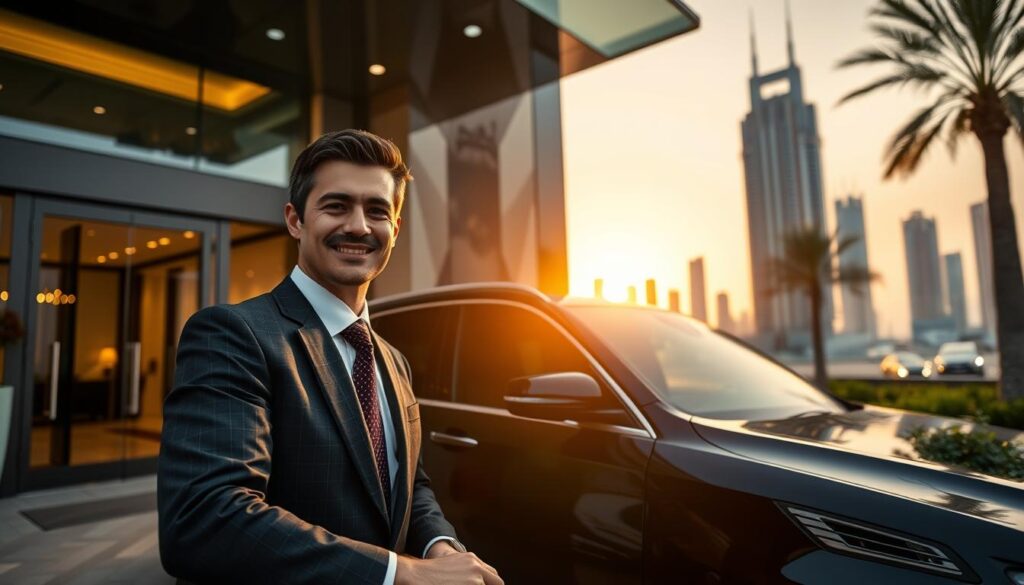 A professional driver in a sleek, black luxury sedan waits outside a modern business hotel, ready to assist arriving guests. In the foreground, the driver is dressed in a smart suit and tie, exuding professionalism and warmth. The middle ground showcases the hotel entrance, featuring elegant architecture with glass doors and a chic lobby visible. In the background, the Dubai skyline glistens under a warm, golden sunset, providing a sense of place and prestige. Soft, ambient lighting enhances the welcoming atmosphere, while the angle captures the dynamic relationship between the hotel, the driver, and the incoming travelers. The image conveys a sense of seamless travel and convenience essential for business professionals. A professional driver in a sleek, black luxury sedan waits outside a modern business hotel, ready to assist arriving guests. In the foreground, the driver is dressed in a smart suit and tie, exuding professionalism and warmth. The middle ground showcases the hotel entrance, featuring elegant architecture with glass doors and a chic lobby visible. In the background, the Dubai skyline glistens under a warm, golden sunset, providing a sense of place and prestige. Soft, ambient lighting enhances the welcoming atmosphere, while the angle captures the dynamic relationship between the hotel, the driver, and the incoming travelers. The image conveys a sense of seamless travel and convenience essential for business professionals.