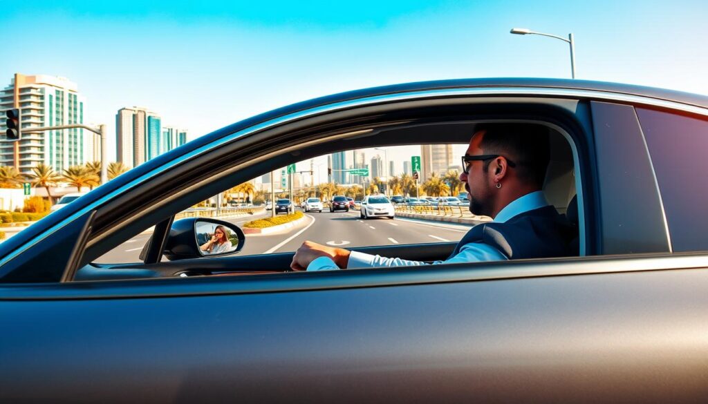 A professional driver in a sleek, modern car navigates through the bustling streets of Dubai Silicon Oasis, demonstrating safe driving practices. The foreground features the driver, dressed in smart casual attire, focused and attentive, with both hands on the wheel. In the middle ground, a vibrant cityscape showcases well-maintained roads and traffic signals, highlighting the urban environment. The background is filled with iconic Dubai architecture under a clear blue sky, enhancing the sense of place. Soft, natural lighting creates a bright and optimistic atmosphere, with reflections of sunlight on the car's surface. The angle is slightly elevated, capturing the dynamic movement of the vehicle while emphasizing the importance of safe driving behaviors in a busy urban setting.
