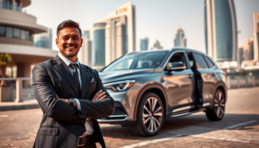 A professional driver in a smart, business attire, confidently standing next to a sleek, luxury vehicle parked in an urban setting. The foreground captures the driver’s reassuring smile and poised demeanor, exuding reliability and trustworthiness. In the middle, the shiny car has its doors slightly open, inviting passengers in. The background showcases a bustling Business Bay skyline with modern architecture and clear blue skies, symbolizing a dynamic city environment. Soft, warm lighting enhances the scene, creating an inviting and safe atmosphere. The angle is slightly low, emphasizing the stature of the driver while also highlighting the elegance of the vehicle. The overall mood conveys professionalism and safety, ideal for a reliable driver service.