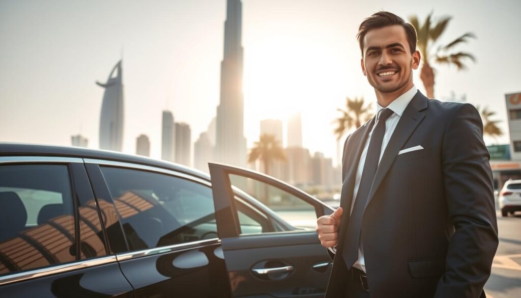 A professional driver in a smart navy suit stands next to a high-end sedan, ready to assist. The foreground showcases the driver holding the car door open with a welcoming expression, embodying reliability and service. In the middle ground, a sleek Dubai skyline glimmers under the bright sun, featuring iconic skyscrapers like the Burj Khalifa, casting soft reflections in nearby windows. The background shows a bustling street with palm trees and modern architecture, conveying the liveliness of Dubai. The lighting is bright and inviting, reminiscent of a clear, sunny day, enhancing a sense of professionalism and warmth. The overall atmosphere is one of trust and comfort, ideal for clients seeking dependable temporary driving services.