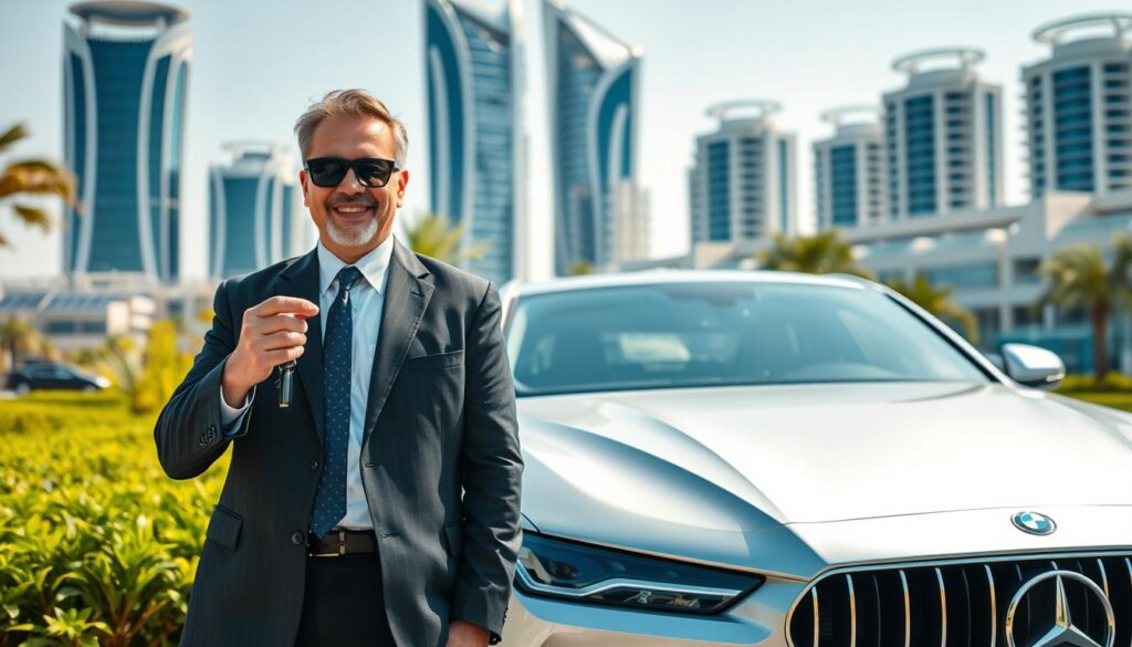 A professional driver in business attire, confidently standing beside a luxury car, set against the modern, sleek skyline of Dubai's Silicon Oasis. The foreground features the driver, a middle-aged South Asian man with a warm smile, holding a car key and wearing sunglasses. In the middle ground, the elegant luxury vehicle gleams under bright daylight, showcasing its polished surface and aerodynamic design. Surrounding the car, lush greenery adds a touch of nature amidst the urban landscape. In the background, high-rise buildings with innovative architecture and solar panels reflect Dubai's commitment to sustainability, bathed in soft, natural sunlight. The atmosphere conveys a sense of security, professionalism, and advanced technological lifestyle, emphasizing a seamless and safe driving experience.