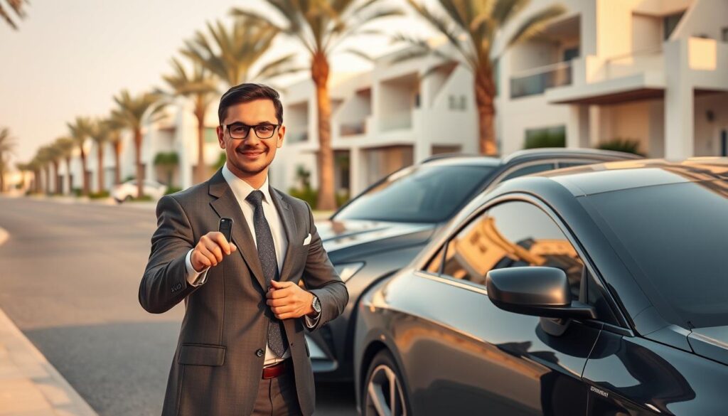 A professional driver in smart business attire, standing proudly beside a sleek, modern vehicle in Umm Suqeim, Dubai. The foreground features the driver with a confident smile, holding a car key, showcasing a sense of reliability and safety. In the middle ground, the vehicle is parked on a clean, palm-lined street, with the beautiful architecture of Umm Suqeim visible in the backdrop, including contemporary villas and sandy beach areas. The setting is bathed in soft, warm afternoon sunlight that casts gentle shadows, creating a welcoming and secure atmosphere. The overall mood is positive and professional, highlighting trustworthiness in transport services. The angle captures both the driver and the vehicle effectively, emphasizing their connection to secure and reliable rides.