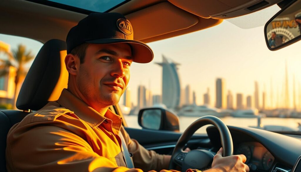 A professional driver in the foreground, wearing a neat uniform with a cap, is seated behind the wheel of a luxurious car, showcasing a confident and attentive demeanor. The middle ground features the iconic skyline of Dubai Marina, with modern high-rise buildings reflecting the warm glow of sunset. In the background, palm trees sway gently in the evening breeze, and the serene marina water glimmers. The scene is illuminated by warm, golden light, creating a welcoming, safe atmosphere. The angle is slightly tilted to capture both the driver and the stunning surroundings, emphasizing reliability and professionalism in a vibrant urban setting. A calm and trustworthy mood envelops the image, highlighting the essence of a safe driver in Dubai Marina.