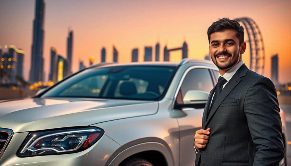 A professional driver standing beside a luxury vehicle, showcasing the "Safe Driver Dubai City" theme. In the foreground, the driver, a Middle-Eastern man in smart business attire, exudes a confident and inviting demeanor. The middle ground features the sleek, modern vehicle with polished surfaces reflecting the city lights. In the background, iconic Dubai skyscrapers like Burj Khalifa and the Dubai Frame rise majestically against a twilight sky, blending warm hues of orange and purple. Soft golden lights from the buildings add a luxurious ambiance. Capture the scene with a slightly low-angle perspective, highlighting the driver’s professionalism and the grandeur of Dubai's skyline, evoking a sense of safety and reliability for tourists seeking seamless transportation.