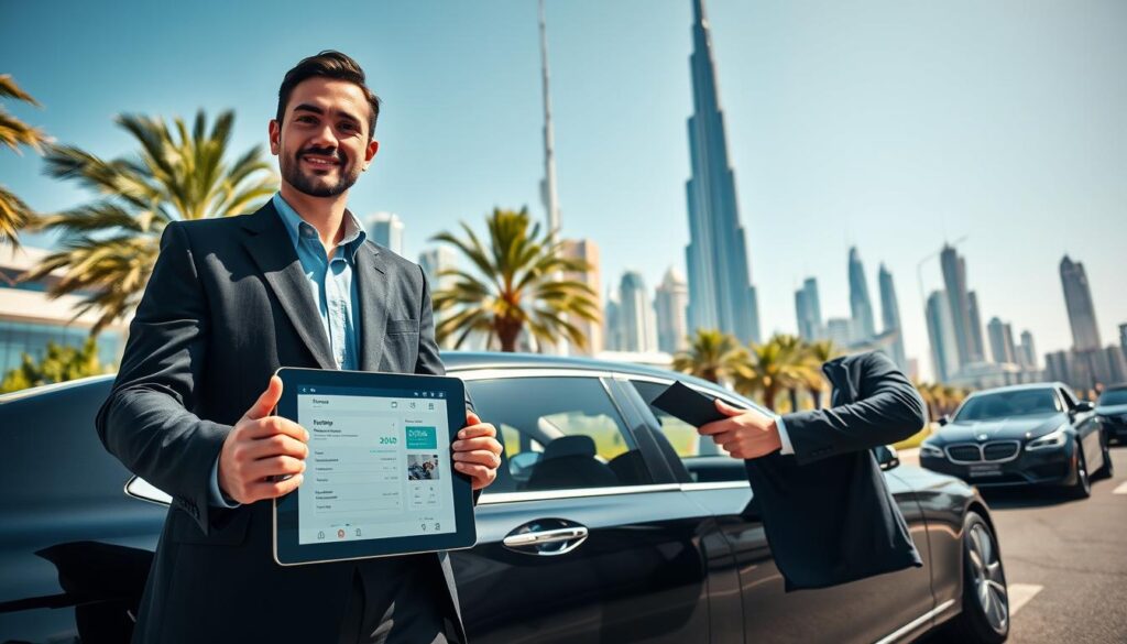 A professional event driver in Dubai, dressed in a well-fitted black suit and a light blue shirt, stands confidently next to a sleek luxury sedan, which glimmers in the bright Dubai sunlight. In the foreground, the driver holds a tablet displaying event details, showcasing his attentiveness. In the middle ground, the cityscape of Dubai serves as a stunning backdrop, with the iconic Burj Khalifa and modern architectural marvels reflecting the luxury associated with high-profile events. Bright, clear skies enhance the vibrant atmosphere, while palm trees line the street, adding a touch of local flavor. The mood is one of professionalism and reliability, capturing the essence of dependable event transport in a bustling urban environment. The image should be taken from a slightly low angle to emphasize the grandeur of the scene.