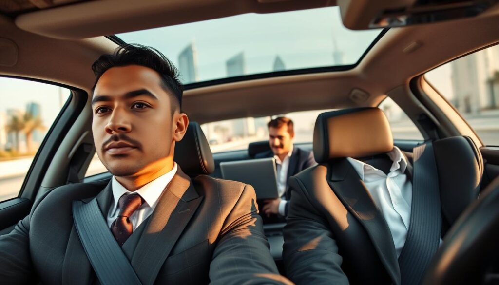 A professional personal driver, dressed in a sharp, tailored uniform, sits confidently behind the wheel of a luxury sedan. In the foreground, the driver is looking straight ahead with a focused expression, symbolizing reliability and trust. In the middle ground, a well-dressed passenger, appearing relaxed and comfortable, is seated in the rear, enjoying the ride while working on a laptop. The background features the iconic skyline of Dubai, with modern skyscrapers and palm trees visible. Soft, natural lighting illuminates the scene, creating a warm atmosphere. The angle captures both the driver and the passenger, emphasizing the partnership and importance of a personal driver in ensuring a smooth and efficient daily commute. The mood conveys professionalism and dependability. A professional personal driver, dressed in a sharp, tailored uniform, sits confidently behind the wheel of a luxury sedan. In the foreground, the driver is looking straight ahead with a focused expression, symbolizing reliability and trust. In the middle ground, a well-dressed passenger, appearing relaxed and comfortable, is seated in the rear, enjoying the ride while working on a laptop. The background features the iconic skyline of Dubai, with modern skyscrapers and palm trees visible. Soft, natural lighting illuminates the scene, creating a warm atmosphere. The angle captures both the driver and the passenger, emphasizing the partnership and importance of a personal driver in ensuring a smooth and efficient daily commute. The mood conveys professionalism and dependability.