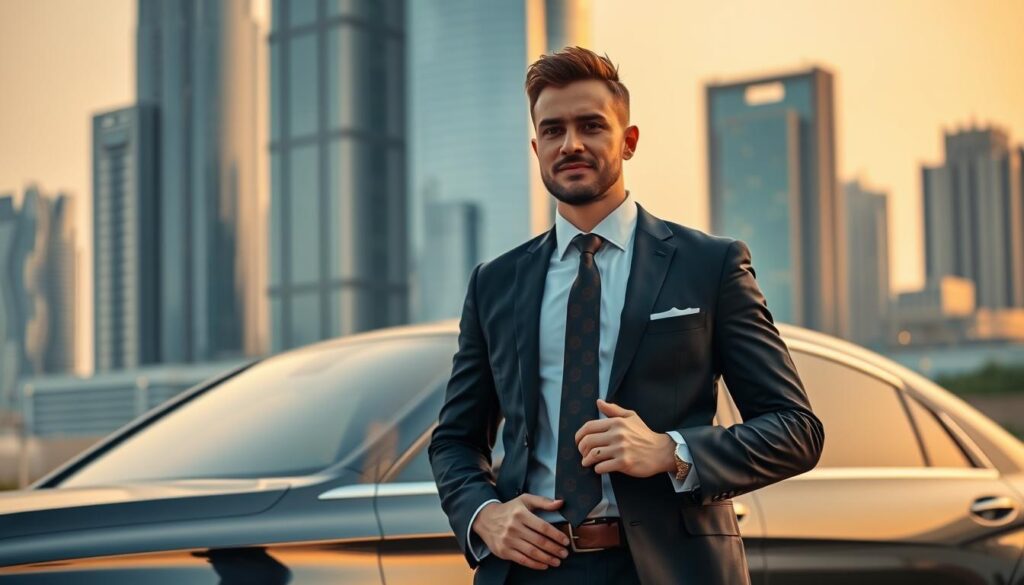 A professional personal driver in Dubai, dressed in a smart, tailored suit and sleek tie, stands by an elegant luxury sedan. The driver exudes confidence and attentiveness, ready to assist. In the background, the iconic skyline of Dubai showcases modern skyscrapers, shimmering glass reflecting the golden hues of the sunset. Soft, warm lighting bathes the scene, creating a welcoming and upscale atmosphere. The lens captures a medium shot from a slightly elevated angle, emphasizing the contrast between the polished vehicle and the bustling city. The mood is sophisticated yet inviting, highlighting the essence of personal driving services in this vibrant metropolis. A professional personal driver in Dubai, dressed in a smart, tailored suit and sleek tie, stands by an elegant luxury sedan. The driver exudes confidence and attentiveness, ready to assist. In the background, the iconic skyline of Dubai showcases modern skyscrapers, shimmering glass reflecting the golden hues of the sunset. Soft, warm lighting bathes the scene, creating a welcoming and upscale atmosphere. The lens captures a medium shot from a slightly elevated angle, emphasizing the contrast between the polished vehicle and the bustling city. The mood is sophisticated yet inviting, highlighting the essence of personal driving services in this vibrant metropolis.