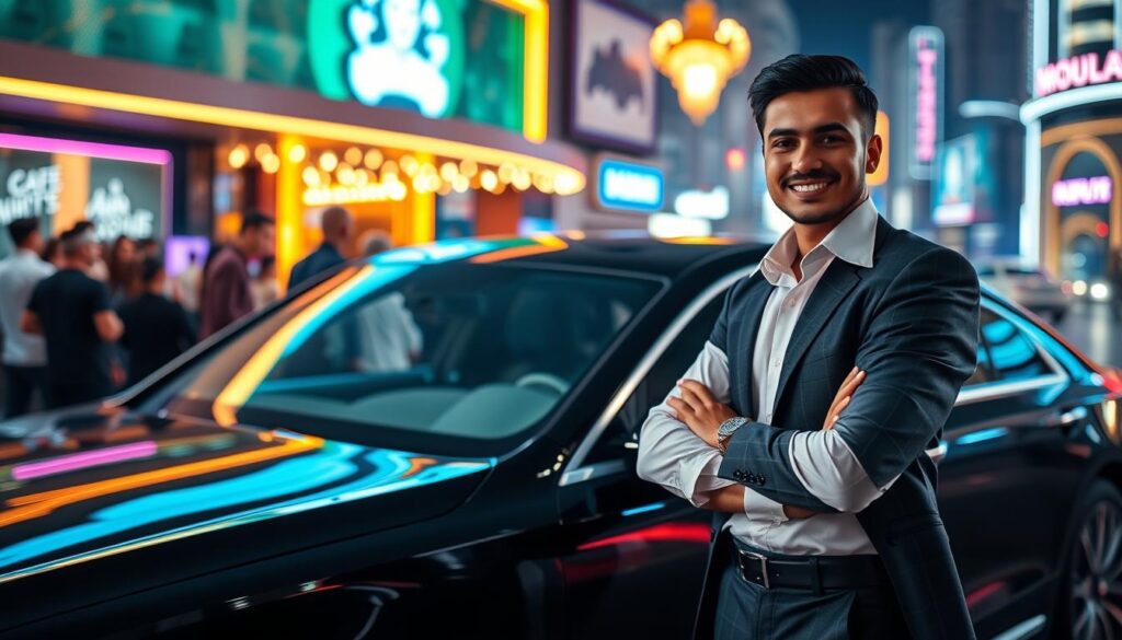 A professional safe driver stands confidently beside a sleek, black luxury car, ready for a night out in Dubai. In the foreground, the driver, a South Asian male dressed in a crisp white shirt with a smart jacket and dark trousers, is looking towards the camera with a friendly smile. In the middle ground, the stylish car is parked under the vibrant, neon lights of a trendy nightclub, casting colorful reflections. The background shows a bustling Dubai street with illuminated buildings and excited club-goers. The atmosphere is lively yet sophisticated, conveying a sense of safety and reliability. The scene is bathed in soft, dynamic lighting to highlight the nightlife vibe, shot from a slightly low angle to emphasize the luxury vehicle and the personable driver. A professional safe driver stands confidently beside a sleek, black luxury car, ready for a night out in Dubai. In the foreground, the driver, a South Asian male dressed in a crisp white shirt with a smart jacket and dark trousers, is looking towards the camera with a friendly smile. In the middle ground, the stylish car is parked under the vibrant, neon lights of a trendy nightclub, casting colorful reflections. The background shows a bustling Dubai street with illuminated buildings and excited club-goers. The atmosphere is lively yet sophisticated, conveying a sense of safety and reliability. The scene is bathed in soft, dynamic lighting to highlight the nightlife vibe, shot from a slightly low angle to emphasize the luxury vehicle and the personable driver.